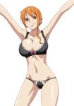  1girl armpits arms_up breasts brown_eyes cleavage curvy earrings female hips jewelry kyabakurabakufu large_breasts lingerie nami_(one_piece) one_piece orange_hair simple_background smile solo thighs tied_hair underwear wet white_background 