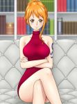  alternate_costume alternate_hairstyle arm_tattoo blush bookshelf breasts brown_eyes commentary_request couch crossed_arms crossed_legs dress earrings eyelashes hair_up halter_dress halterneck himumu_(cyah7528) jewelry large_breasts light_smile nami_(one_piece) one_piece orange_hair red_dress short_dress sitting sleeveless sleeveless_dress solo tattoo 