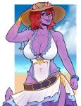  alpha_channel anthro big_breasts bracelet breasts cat cleavage clothed clothing eyewear feline female fur glasses green_eyes hair hat jewelry looking_at_viewer mammal porin purple_fur red_hair smile solo standing swimsuit wide_hips 