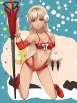  altera_(fate) altera_the_santa animal bare_legs bare_shoulders boots breasts cleavage collarbone dark_skin detached_sleeves earmuffs fate/grand_order fate_(series) full_body full_body_tattoo gloves headdress herigaru_(fvgyvr000) highres hips holding holding_animal holding_weapon leg_tattoo looking_at_viewer midriff navel parted_lips photon_ray red_eyes sheep short_hair small_breasts solo stomach_tattoo tan tattoo thighs weapon white_hair 