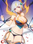  alternate_costume alternate_hair_color alternate_hairstyle armlet blue_eyes breasts cleavage cleavage_cutout cowboy_shot hair_ornament jewelry league_of_legends lunar_empress_lux luxanna_crownguard medium_breasts navel no_pants patreon_logo patreon_username solo songjikyo underwear watermark white_hair 