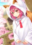  animal_ear_fluff animal_ears blush brown_eyes cherry_blossoms fan fate/grand_order fate_(series) folding_fan fox_ears fox_tail highres hood japanese_clothes kimono light_smile looking_at_viewer petals pink_hair railing solo tail tamamo_(fate)_(all) tamamo_no_mae_(fate) tomojo tree uchikake 