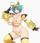  ahoge ameoto bikini blue_eyes blue_hair blush breasts cleavage commentary_request covered_nipples elbow_gloves gloves gundam gundam_build_divers headpiece highres large_breasts looking_at_viewer micro_bikini nami_(gundam_build_divers) nanase_nanami_(gundam_build_divers) salute shiny shiny_hair shiny_skin short_hair skindentation smile solo swimsuit thighhighs yellow_bikini yellow_legwear 