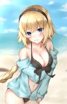  bikini black_bikini black_hairband blonde_hair blue_eyes blue_jacket blue_sky blush braid breasts cleavage collarbone cowboy_shot day eyebrows_visible_through_hair fate/grand_order fate_(series) floating_hair front-tie_bikini front-tie_top hair_between_eyes hairband head_tilt jacket jacket_pull jeanne_d'arc_(fate)_(all) jeanne_d'arc_(swimsuit_archer) long_hair looking_at_viewer medium_breasts navel open_clothes open_jacket outdoors shiny shiny_hair single_braid sky smile solo standing swimsuit tan_(kiriya0752) very_long_hair 