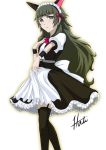  1girl animal_ears apron artist_name bangs black_hair blush breasts cat_ears eyebrows fake_animal_ears frown garters green_eyes hair_accessory hati hiyajou_maho long_hair looking_at_viewer maid_uniform ribbon small_breasts steins;gate steins;gate_0 stockings very_long_hair 