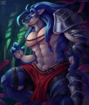  2018 anthro armor blue_fur blue_hair canine clothing duga fangs forest fur hair loincloth long_hair male mammal nurinaki shining_(series) shining_force_exa solo tentacles tree unconvincing_armor video_games wolf 