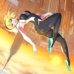  arched_back ass blonde_hair blue_eyes bodysuit breasts city commentary covered_nipples gwen_stacy hairband hood keikyu_(tiltedcube) large_breasts light_blush light_rays looking_at_viewer manhattan marvel medium_breasts midair open_mouth short_hair skin_tight sky smile solo spider-gwen spider-man_(series) spider_web_print sun sunset superhero upside-down 