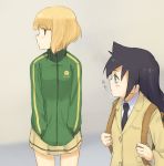  black_hair blazer character_name clothes_writing commentary cosplay cursive green_jacket hands_in_pockets highres jacket kuroki_tomoko long_hair looking_to_the_side multiple_girls necktie persona persona_4 pleated_skirt profile satonaka_chie satonaka_chie_(cosplay) school_uniform shiratama_(hockey) short_hair single_stripe skirt smiley_face track_jacket uchi_emiri watashi_ga_motenai_no_wa_dou_kangaetemo_omaera_ga_warui! 