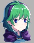  blue_eyes closed_mouth commentary_request fire_emblem fire_emblem:_rekka_no_ken fire_emblem_heroes green_hair grey_background hairband nino_(fire_emblem) purple_hairband ringozaka_mariko short_hair simple_background smile solo 