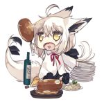  ahoge animal_ears black_footwear black_shorts bottle brown_eyes chibi chopsticks copyright_request food fox_ears fox_girl fox_tail heart heart_in_mouth holding holding_food long_hair long_sleeves lowres meat nagishiro_mito open_mouth plate shirt shoe_soles shoes short_shorts shorts sitting solo tail transparent_background very_long_hair white_hair white_shirt 