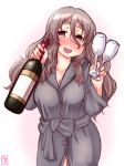  1girl alcohol alternate_costume artist_logo bath bathrobe bottle breasts brown_eyes cloth collarbone cowboy_shot cup dated drinking_glass drunk glass gradient gradient_background grey_hair highres holding holding_cup kanon_(kurogane_knights) kantai_collection long_hair looking_at_viewer medium_breasts miniskirt open_mouth pola_(kantai_collection) red_background shirt signature simple_background skirt solo towel wavy_hair white_background white_shirt wine wine_bottle 