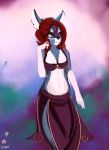  2017 abstract_background anthro biped black_nose blue_ears blue_fur bottomwear bra breasts cervine clothed clothing digital_media_(artwork) digital_painting_(artwork) dirtyscoundrel female front_view fur grey_eyes gypsy hair mammal multicolored_fur navel purple_bottomwear purple_bra purple_clothing purple_underwear red_hair signature solo two_tone_fur underwear white_fur 