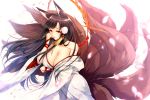  akagi_(azur_lane) animal_ear_fluff animal_ears arm_under_breasts azur_lane bangs bare_shoulders black_hair blush breasts choker cleavage commentary_request dress eyebrows_visible_through_hair eyeshadow floating_hair fox_ears fox_tail hair_ornament hair_ribbon half-closed_eyes japanese_clothes kimono kurojo_ayane large_breasts long_hair long_sleeves looking_at_viewer makeup multiple_tails off_shoulder parted_lips petals red_eyes red_lips red_ribbon red_string ribbon sidelocks simple_background smile solo string tail uchikake wedding white_background white_dress wide_sleeves wrist_ribbon 