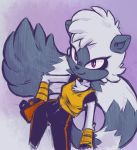  2018 anthro chest_tuft clothed clothing female gloves hand_on_hip lemur long_tail looking_at_viewer mammal plagueofgripes portrait primate purple_eyes simple_background smile solo sonic_(series) standing tangle_the_lemur three-quarter_portrait tuft 