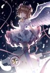  ankle_strap antenna_hair asymmetrical_legwear brown_hair cardcaptor_sakura choker dress eyebrows_visible_through_hair feathered_wings full_body green_eyes hair_ornament head_tilt holding holding_staff hoshi_no_tsue kinomoto_sakura layered_dress leg_up lium pleated_dress shiny shiny_hair short_dress short_hair short_sleeves solo staff thighhighs two_side_up white_dress white_feathers white_wings wings 