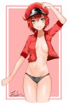  ae-3803 arm_up black_panties blush border breasts cabbie_hat cleavage commentary hand_on_headwear hat hataraku_saibou highres jacket jasonchao1006 no_bra no_pants panties partially_undressed red_blood_cell_(hataraku_saibou) red_hair short_hair simple_background smile solo underwear yellow_eyes 