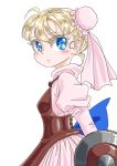  armor blonde_hair blue_eyes bow breasts bun_cover chrono_cross colored_eyelashes commentary_request corset double_bun dress hair_ornament looking_at_viewer marcy_(chrono_cross) ribbon s-a-murai shield short_hair simple_background small_breasts solo 