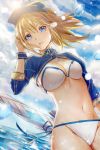  artoria_pendragon_(all) bangs bikini blonde_hair blue_eyes blue_sky blush breasts cloud day dutch_angle fate/grand_order fate_(series) highres long_hair looking_at_viewer mysterious_heroine_xx_(foreigner) outdoors polearm shrug_(clothing) side-tie_bikini sky swimsuit twinmyniad user_lbv2527 water water_drop weapon wind 
