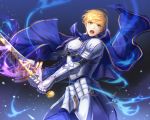  ahoge armor arthur_pendragon_(fate) blonde_hair blue_background blue_cloak blue_pants breastplate excalibur_(fate/prototype) fate/prototype fate_(series) gauntlets green_eyes highres holding holding_sword holding_weapon looking_at_viewer male_focus open_mouth oso_5425 pants shoulder_armor solo spaulders standing sword weapon 