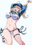  ;d ahoge arm_up artoria_pendragon_(all) bare_legs baseball_cap bikini blonde_hair blue_eyes blue_hat cropped_legs fate/grand_order fate_(series) hair_through_headwear hat highres looking_at_viewer mysterious_heroine_xx_(foreigner) one_eye_closed open_mouth ponytail sandals short_hair shrug_(clothing) side-tie_bikini simple_background smile solo standing standing_on_one_leg swimsuit thighlet urayama_(backmountain) white_background white_bikini 