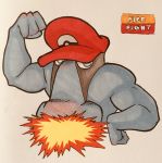  2018 4_fingers biceps black_body black_markings blue_eyes cosplay crossover english_text eye_markings facial_hair fak&eacute;mon fire firefightdex fist flexing front_view full-length_portrait grey_body hand_on_hip hat hat_only hatching_(technique) hi_res huge_nose humanoid_hands looking_aside looking_away male mario mario_bros marker_(artwork) markings mfanjul mixed_media mostly_nude mustache nintendo nose_blush not_furry pen_(artwork) pok&eacute;ball pok&eacute;mon pok&eacute;mon_(species) portrait probopass shadow simple_background solo text toony traditional_media_(artwork) two_tone_body video_games waddling_head white_background 