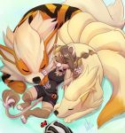  2018 4_toes 5_fingers anthro backpack barefoot braided_hair brown_hair brown_nose canine clothed clothing collar digital_media_(artwork) eyes_closed fangs feline female feral fur grass group hair lion lying mammal mane multicolored_hair ninetales nintendo orange_fur pawpads pok&eacute;ball pok&eacute;mon pok&eacute;mon_(species) sabertooth_(feature) signature size_difference sleeping smile stripes toes video_games wolflady yellow_fur 