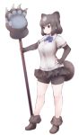  animal_ears bear_ears bear_paw_hammer bear_tail bike_shorts black_eyes black_hair black_skirt blue_neckwear bow bowtie brown_bear_(kemono_friends) elbow_gloves extra_ears eyebrows_visible_through_hair fingerless_gloves full_body gloves hand_on_hip holding holding_weapon ise_(0425) kemono_friends looking_away pleated_skirt shirt short_hair short_sleeves simple_background skirt solo standing tail weapon white_background white_shirt 