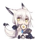  animal animal_ears chibi commentary_request eating egg_yolk eyebrows_visible_through_hair food food_in_mouth fox_ears fox_tail full_body hair_ribbon long_hair looking_at_viewer mouth_hold nagishiro_mito original ribbon silver_hair sitting solo tail toast toast_in_mouth transparent_background yellow_eyes 