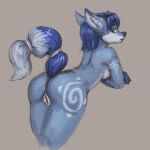  anthro blue_eyes blue_fur blue_hair breasts canine crossed_arms dipstick_tail ears_back female fox foxovh fur hair krystal looking_back mammal multicolored_tail nintendo nude pussy raised_tail side_boob simple_background solo star_fox video_games 
