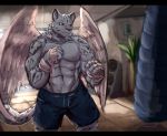  2017 abs anthro bandage biceps big_muscles canine clothed clothing fd-caro feline fur grey_eyes grey_fur grey_nose hand_wraps kemono leopard male mammal muscular muscular_male pecs shorts standing topless wings wraps 
