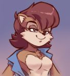  2018 anthro bare_chest blue_eyes breasts cheek_tuft chest_tuft chipmunk clothed clothing featureless_breasts female half-closed_eyes half-length_portrait mammal plagueofgripes portrait rodent sally_acorn simple_background smile solo sonic_(series) tuft 