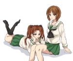  alpachiiino arm_support bangs black_bow black_legwear black_neckwear blouse bow brown_eyes brown_hair chin_rest closed_mouth cross eating girls_und_panzer green_skirt hair_bow hand_on_leg invisible_chair invisible_floor kadotani_anzu legs_up light_frown long_hair long_sleeves lying miniskirt mouth_hold multiple_girls neckerchief nishizumi_miho no_shoes on_stomach ooarai_school_uniform open_mouth parted_bangs pleated_skirt school_uniform serafuku shadow short_hair simple_background single_stripe sitting skirt smile socks twintails white_background white_blouse yuri 