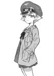  absurdres bow closed_mouth commentary cowboy_shot erwin_(girls_und_panzer) from_side girls_und_panzer greyscale hand_in_pocket hat highres jacket light_smile long_sleeves looking_at_viewer meis_(terameisu) military_hat military_jacket monochrome ooarai_school_uniform open_clothes open_jacket peaked_cap pointy_hair short_hair solo standing traditional_media 