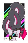  biped clothing collar cute_fangs fingerless_gloves fur gloves grey_fur hair invalid_tag mammal mostly_nude pink_fur pink_hair pink_nose red_eyes roger_the_cat signature skunk yoga 