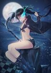  723/nanahumi asymmetrical_hair black_bikini_top black_footwear black_hair black_jacket black_rock_shooter black_rock_shooter_(character) black_shorts blue_eyes breasts burning_eyes chain cleavage floating_hair front-tie_bikini front-tie_top full_moon hair_between_eyes highres holding holding_sheath jacket long_hair moon night open_clothes open_jacket outdoors parted_lips print_jacket rain sheath short_shorts shorts sitting small_breasts solo star star_print sword twintails very_long_hair weapon 