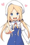  :d abigail_williams_(fate/grand_order) absurdres bangs beret blonde_hair blue_dress blue_eyes blush commentary_request cosplay dress eyebrows_visible_through_hair fate/grand_order fate_(series) forehead hair_ornament hair_scrunchie hat head_tilt heart highres hinatsuru_ai hinatsuru_ai_(cosplay) index_finger_raised long_hair long_sleeves looking_at_viewer low_twintails mitchi open_mouth outstretched_arm parted_bangs puffy_short_sleeves puffy_sleeves ryuuou_no_oshigoto! school_uniform scrunchie short_over_long_sleeves short_sleeves simple_background smile solo twintails very_long_hair white_background white_hat yellow_scrunchie 