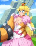  1boy 1girl areolae artist_name blonde_hair blue_eyes blush bowser bracelet breasts claws crown dress earrings elbow_gloves gloves jewelry long_hair mario_(series) nintendo nipples obakeart open_mouth princess_peach restrained spiked_bracelet spikes super_mario_bros. torn_clothes 