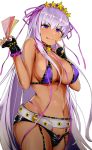  bb_(fate)_(all) bb_(swimsuit_mooncancer)_(fate) belt bikini breasts commentary_request covered_nipples earrings fate/grand_order fate_(series) fingerless_gloves garter_straps gloves gold_trim gyaru hair_ribbon holding_money jewelry large_breasts long_hair nail_polish nanasumin naughty_face navel open_fly purple_bikini purple_eyes purple_hair ribbon short_shorts shorts solo star star_earrings swimsuit tan very_long_hair 