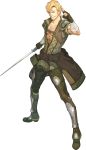  abs absurdres bandages blonde_hair boots brown_eyes fingerless_gloves fire_emblem fire_emblem_echoes:_mou_hitori_no_eiyuuou full_body gloves hidari_(left_side) highres jesse_(fire_emblem) male_focus official_art open_clothes open_shirt solo sword transparent_background weapon 
