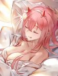  77gl :p arm_behind_head bed_sheet breasts cleavage closed_eyes collarbone darling_in_the_franxx dress_shirt grey_hairband hair_between_eyes hairband horns large_breasts long_hair lying on_back open_clothes open_shirt pillow pink_hair shirt sleeping smile solo tongue tongue_out upper_body white_shirt zero_two_(darling_in_the_franxx) 
