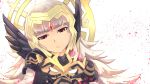  black_gloves closed_mouth commentary_request fire_emblem fire_emblem_heroes gloves grey_hair highres holding holding_mask long_hair mask nakabayashi_zun red_eyes shoulder_armor simple_background solo veronica_(fire_emblem) white_background 