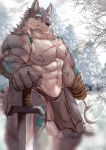  2018 abs absurd_res anthro biceps big_muscles canine clothing digital_media_(artwork) fd-caro fur hi_res hook loincloth male mammal melee_weapon muscular muscular_male nipples pecs simple_background solo sword tattoo tree weapon wolf 
