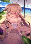  1girl abs alternate_costume animal_ears areolae arm_strap bangs beach beach_umbrella blonde_hair blue_eyes blue_sky blurry blurry_background blush breasts character_name clothed_sex collarbone commentary_request covered_navel cowgirl_position day eyebrows_visible_through_hair fang g41_(girls_frontline) girls_frontline hair_between_eyes hair_ornament hetero heterochromia highres long_hair looking_at_viewer muscle nipples nose_blush ocean one-piece_swimsuit open_mouth outdoors palm_leaf palm_tree penis red_eyes saliva sand school_swimsuit sex shade shennai_misha sky small_breasts spread_legs straddling sunlight sweat swimsuit tearing_up thigh_strap tongue tongue_out tree twintails umbrella vaginal very_long_hair water white_school_swimsuit white_swimsuit 