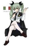  alpachiiino anchovy anzio_school_uniform bangs belt black_belt black_cape black_footwear black_neckwear black_ribbon black_skirt cape character_name closed_mouth commentary crossed_legs dress_shirt drill_hair emblem full_body girls_und_panzer green_hair hair_ribbon holding invisible_chair italian_flag loafers long_hair long_sleeves looking_at_viewer miniskirt necktie pantyhose pleated_skirt red_eyes ribbon riding_crop school_uniform shirt shoes simple_background sitting skirt smile solo twin_drills twintails white_background white_legwear white_shirt 