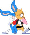  0r0 0r0ch1 alpha_channel anthro bottomless buster_bunny clothed clothing featureless_crotch hand_over_shoulder lagomorph looking_at_viewer male mammal one_eye_closed rabbit simple_background smile tiny_toon_adventures toony warner_brothers wink 