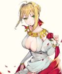  ahoge bangs bare_shoulders blonde_hair blush braid breasts choker cleavage commentary dress english_commentary fate/grand_order fate_(series) flower french_braid gem gold_trim green_eyes hair_between_eyes hair_ribbon highres holding holding_flower jewelry leaning_forward long_neck looking_at_viewer medium_breasts mouth_hold neck necklace nero_claudius_(fate) nero_claudius_(fate)_(all) petals red_flower red_rose ribbon rose short_hair simple_background smile solo takitou white_background white_dress 