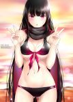  :o ass_visible_through_thighs beach black_hair black_scarf blush breasts cleavage commentary double_v english_commentary fate/grand_order fate_(series) highres large_breasts lens_flare long_hair long_scarf multicolored multicolored_clothes multicolored_scarf navel ocean oryou_(fate) patreon_username pixiv_id red_eyes red_scarf rei_kun scarf slit_pupils solo sunset twitter_username v very_long_hair 