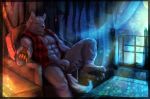  &lt;3 abs anthro barefoot biceps big_muscles black_nose bottomless bulge canine chair chest_tuft claws clothed clothing digital_media_(artwork) fd-caro fur green_eyes kemono male mammal muscular muscular_male one_eye_closed open_shirt pecs penis shirt shorts sitting solo toe_claws tuft white_fur wink wolf 