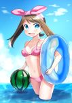  :d absurdres bangs bikini blue_eyes blue_sky blush bow breasts brown_hair cleavage cloud collarbone day food fruit hair_bow hairband haruka_(pokemon) highres innertube long_hair looking_at_viewer navel open_mouth outdoors parted_bangs pink_bikini pink_bow pink_hairband pokemon pokemon_(game) pokemon_rse shiny shiny_hair shiny_skin side-tie_bikini sky small_breasts smile solo standing swimsuit transparent wading watermelon wet yuihiko 