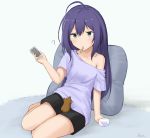  ? animal animal_on_lap bangs bare_shoulders basa_rutan black_shorts blush breasts cellphone closed_mouth collarbone eyebrows_visible_through_hair green_eyes hair_between_eyes holding holding_cellphone holding_phone ice_cream_spoon idolmaster idolmaster_million_live! idolmaster_million_live!_theater_days long_hair looking_away looking_down mochizuki_anna mouth_hold off_shoulder on_lap phone pillow purple_hair purple_shirt shirt short_shorts short_sleeves shorts small_breasts solo spoon spoon_in_mouth very_long_hair 